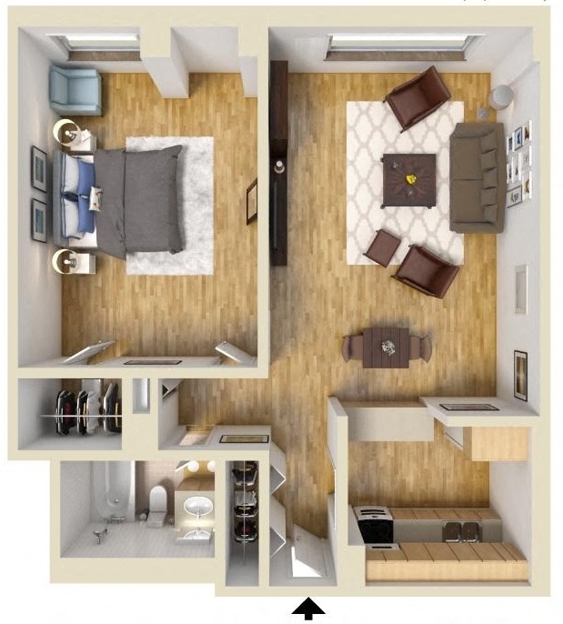 Floor plan for 1 bed, 1 bath, 710 sqft